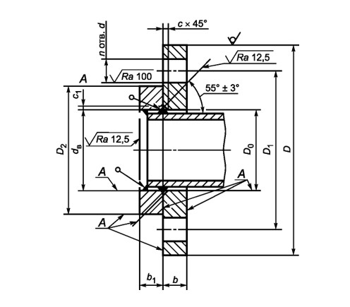 Размеры фланцев стальных плоских свободных на приварном кольце, тип 2